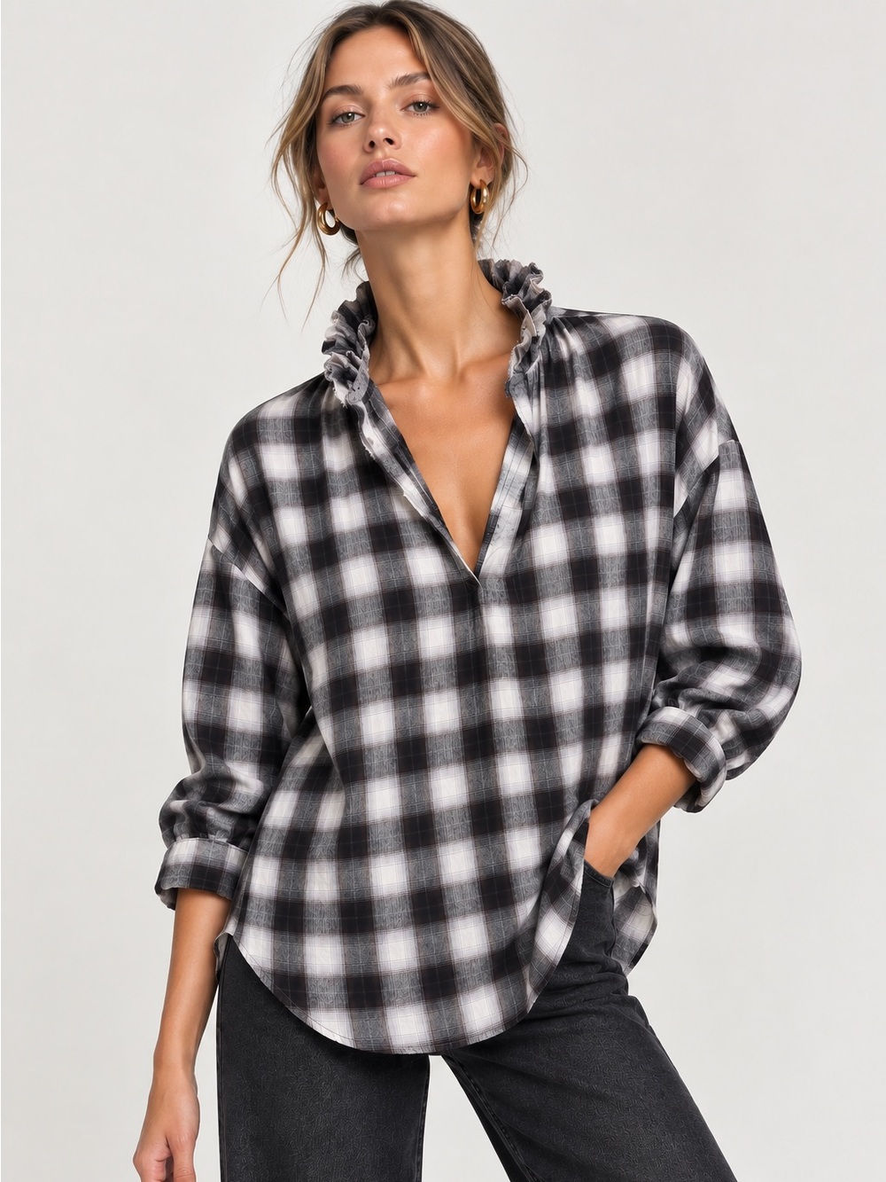 A Shirt Thing S Ruffle Collar Plaid Cotton Poplin Top Fall Modern Small Batch
